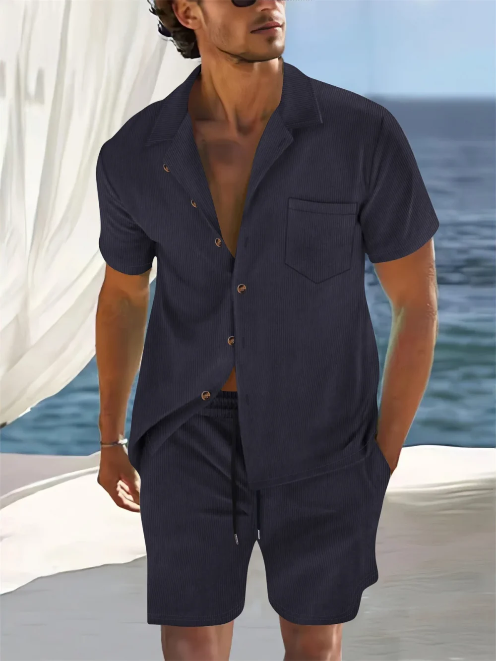 Cuban-style striped short sleeve cardigan shirt top + shorts Men's business casual suit, suitable for seaside vacation 5