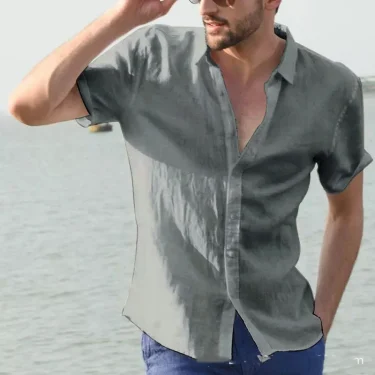 Men's casual solid color thin short sleeve shirt 3