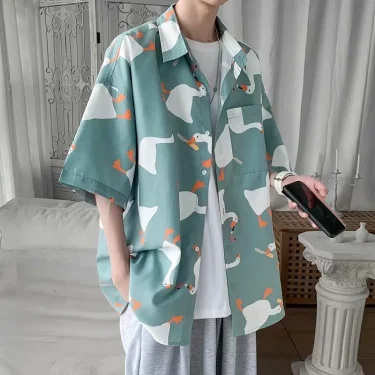 Retro Oil Painting Goose Print Men's Short Sleeve Thin Shirt Summer Fashion Casual Loose Square Neck Versatile Top 4