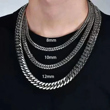HNSP Stainless Steel Cuban Chain Necklace Bracelet For Men Neck Silver Color 8MM-14MM Thick Long Hand Chains Male Gift 3