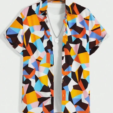 Men's And Women's Fun Block Pattern Printed Shirts Casual Design Short Sleeve Shirts Fashion Button-Ups 5