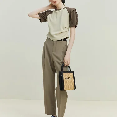 FSLE Comfortable Nine-point Suit Pants for Women Summer New Straight High Waist Slimming Loose Version Wide-leg Pant Female 3