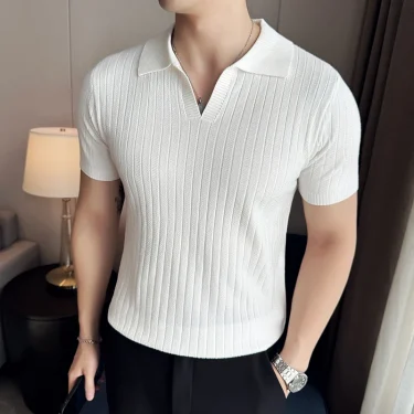 Men Striped Polo Shirt 2024 Summer Light Thin Breathable Solid Casual Elastic Slim Fit Short Sleeved V-neck T-shirt Men Clothing 3
