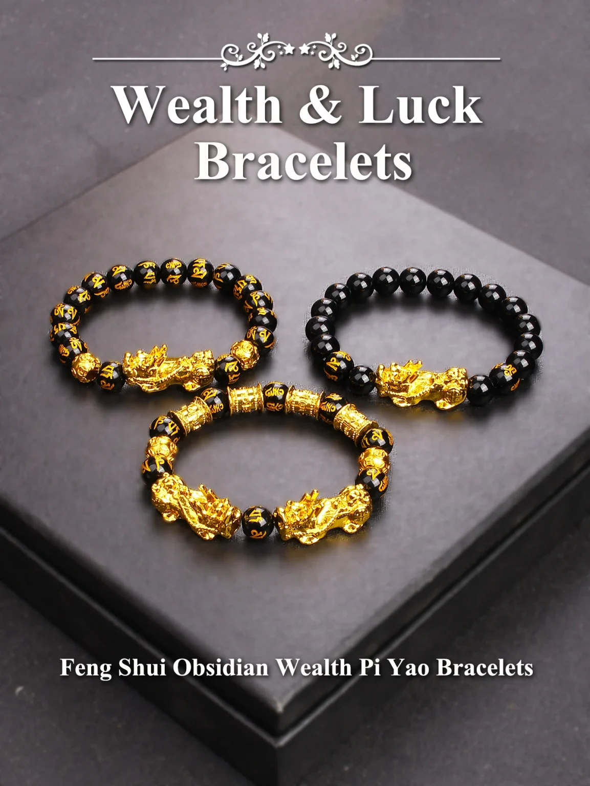 Gold Color Pi Xiu Bracelets Women Feng Shui Obsidian Wealth Pi Yao Bracelets Men 10m Dragon Mantra Bead Bangle Lucky Jewelry New 1