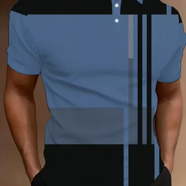 2025 Men'S Casual Geometric Print Knit Polo-Style Shirt with Lapel Collar and Slight Stretch -Polyester Material - Regular Fit 4