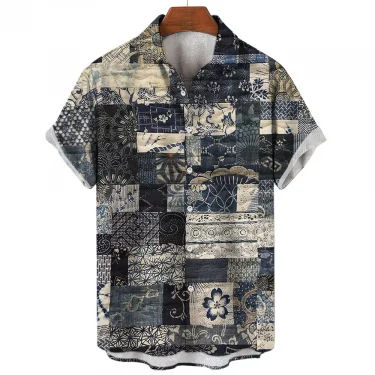 Personalized Patchwork Print Pattern Fashion Design men's And women's short-sleeved Shirts Fashion Tops Casual button-down Shirt 5