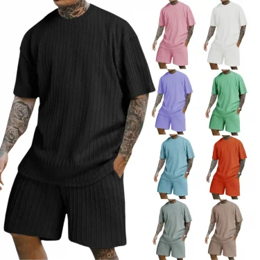 Men's new fashion summer sports solid color crew-neck vertical stripe T-shirt shorts short-sleeved suit 1