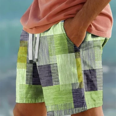 Men's Classic 3D Print Plaid Color Block Running Shorts Geometry Graphic Hawaiian Board Shorts Swim Trunks Holiday Beach Pants 4