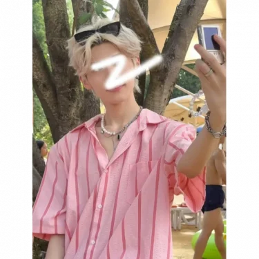 Pink Striped Shirt Short Sleeve Men Summer Thin High-end Shirt Sunny Clean Boys Wear American Jacket Breathable Resort Style 2