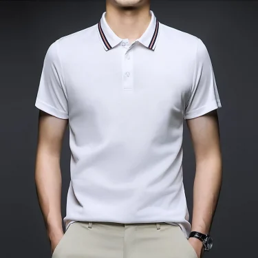 Men's Fashion Solid Short Sleeved Striped Lapel Polo Shirt Summer Breathable Comfortable Top 4