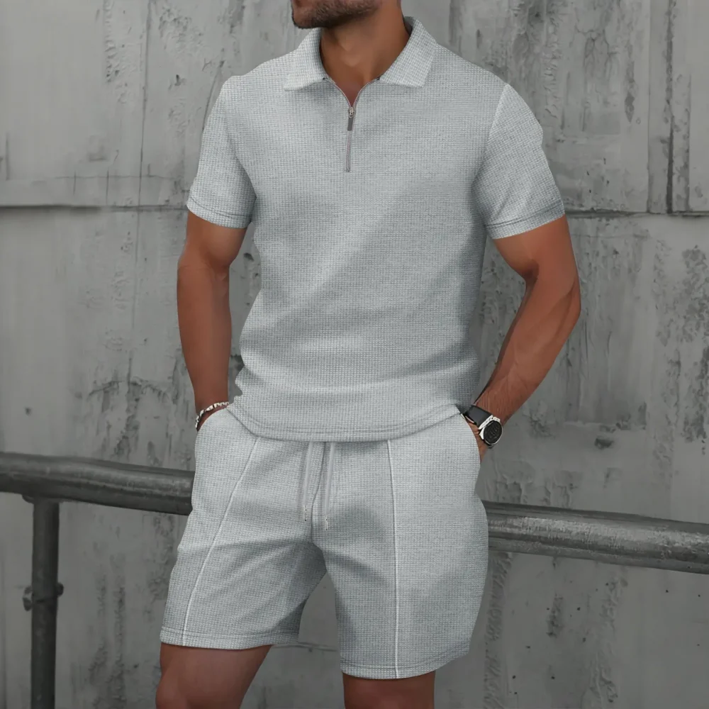 2025 simple men's suit summer new short sleeve shorts two-piece outdoor leisure handsome men's solid color trend suit 3
