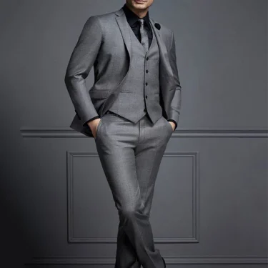 High Quality Groomsmen Notch Lapel Groom Tuxedos Grey Men Suits Wedding/Prom/Dinner Best Man Tuxedos (Jacket+Pants+Vest) 4