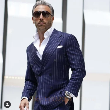 2 Pcs Pinstripe Slim Fit Men Suits for Formal Wedding Tuxedo Peaked Lapel Navy Blue Striped Business Groom Male Fashion 1