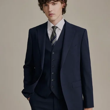 9% Wool Luxury Deep Blue Men Suit Set Four Season Formal Blazer Vest Pant Wedding Groom Wear Casual Businessman Daily Clothing 5
