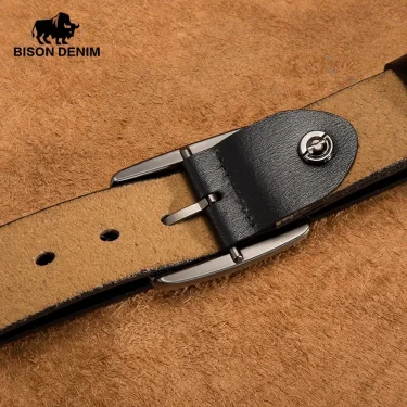 BISON DENIM Men's Belts Cowhide Genuine Leather Pin Buckle Belts Jeans Male Vintage Waistband Strap Leather Belt For Men N70781 5