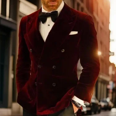 Slim Fit Wedding Men Suit Jacket for Groom Party 1 Piece Velvet Smoking Wedding Tuxedo Blazer Double Breasted Burgundy Suit Coat 1