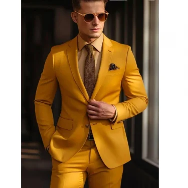 High Quality Men Suits Yellow Single Breasted Skinny 2 Pieces Jacket Pants Set Formal Wedding Outfits Costume Homme 1