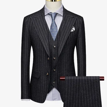 Deep Grey Stripe Men Suits Set Blazer Vest Pant Wedding Groom Wear England Slim Fit Style Normal Businessman Daily Party Suit 1
