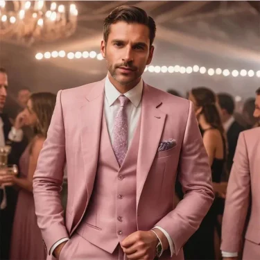 3 Piece Pink Men's Slim Fit Suits (Jacket+Vest+Pant) Wedding Groom Tuxedos Prom Formal Male Party Blazers 2