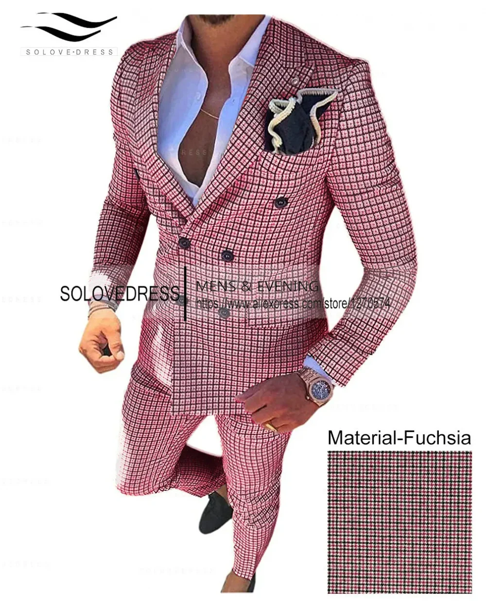 Silver Men's Wool Plaid Suits 2 pieces Fashion Notch Lapel Double breasted Prom Jacket Slim Fit Groomsmen Tuxedos (Blazer+Pants) 4
