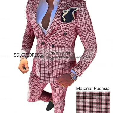 Silver Men's Wool Plaid Suits 2 pieces Fashion Notch Lapel Double breasted Prom Jacket Slim Fit Groomsmen Tuxedos (Blazer+Pants) 4