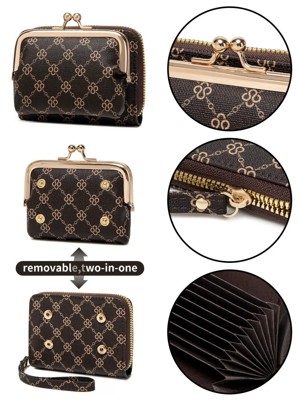 Women's Wallet Fashion Print Short Coin Purse Retro Multi-function Accordion Card Holder Money Clip with Wristband and Kiss Lock 5