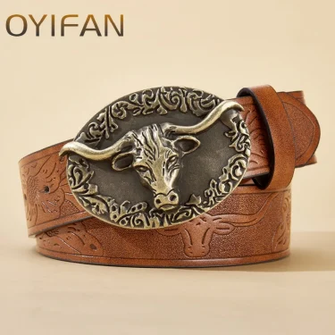 Western Leather Buckle Belts Cowboy Longhorn Bull Pattern Buckle Belt Floral Engraved Buckle Belt for Men 2