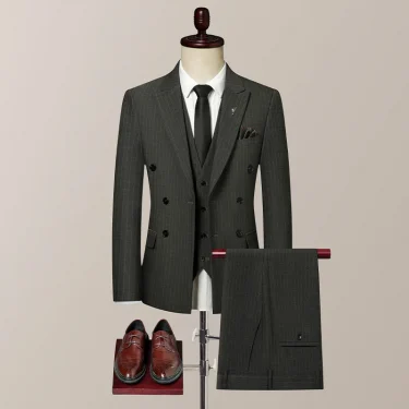 Double breasted British suit groom wedding (suit + vest + trousers) slim fit work casual fashion stripes handsome three-piece se 2