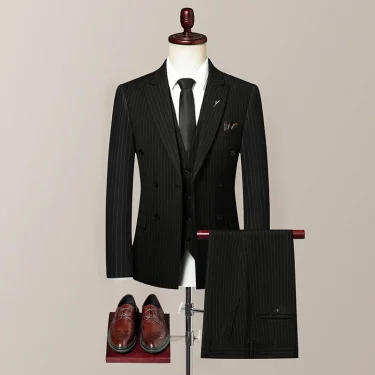 Double breasted British suit groom wedding (suit + vest + trousers) slim fit work casual fashion stripes handsome three-piece se 4