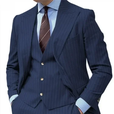 Grey Stripe Design Men 3 Pieces Suits Peaked Lapel Formal Business Man Blazer Groom Tuxedo Classic Fit Male Outfit 2