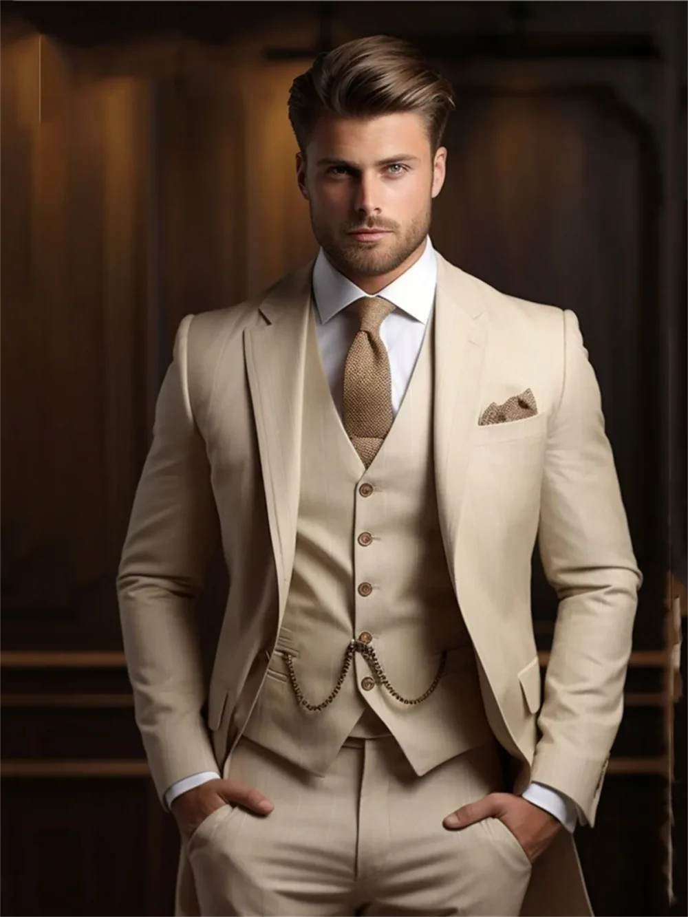 3 Piece Fashion Beige Suits Men Formal Party Business Blazer Shawl Lapel Wedding Groom Tuxedo Jacket Vest Pants Costume Homme 2