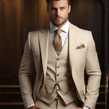 3 Piece Fashion Beige Suits Men Formal Party Business Blazer Shawl Lapel Wedding Groom Tuxedo Jacket Vest Pants Costume Homme 2