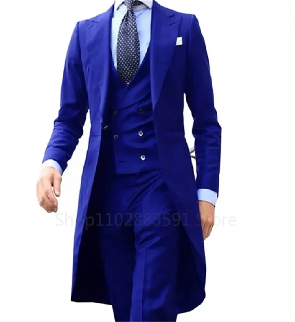 3 Pieces Green Long Tail Blazer Gentleman Male Suit Men's Fashion Groom Tuxedo for Wedding Prom Jacket Vest with Pants 3
