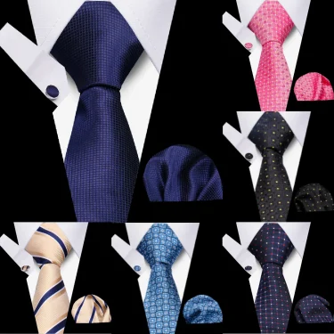 Classic Elegant Ties For Men Fashion Gifts Striped Solid Necktie Handchief Cufflink 3 Pcs Set Wedding Business Suit Accessories 1