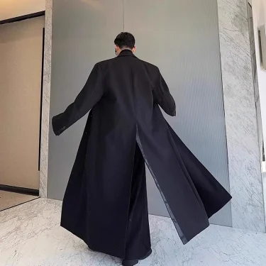 Mauroicardi Spring Autumn Extra Logn Black Oversized Flowy Soft Trench Coat for Men with Back High Slit Loose Casual Overcoat 2