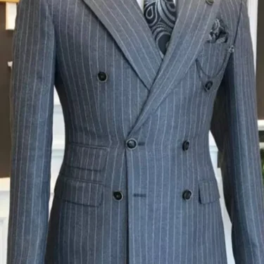 1 Pieces Grey Stripe Men’s Suits For Groom Tuxedos Peaked Lapel Slim Fit Blazer Jacket Only Man Tailor Wear Clothing 1