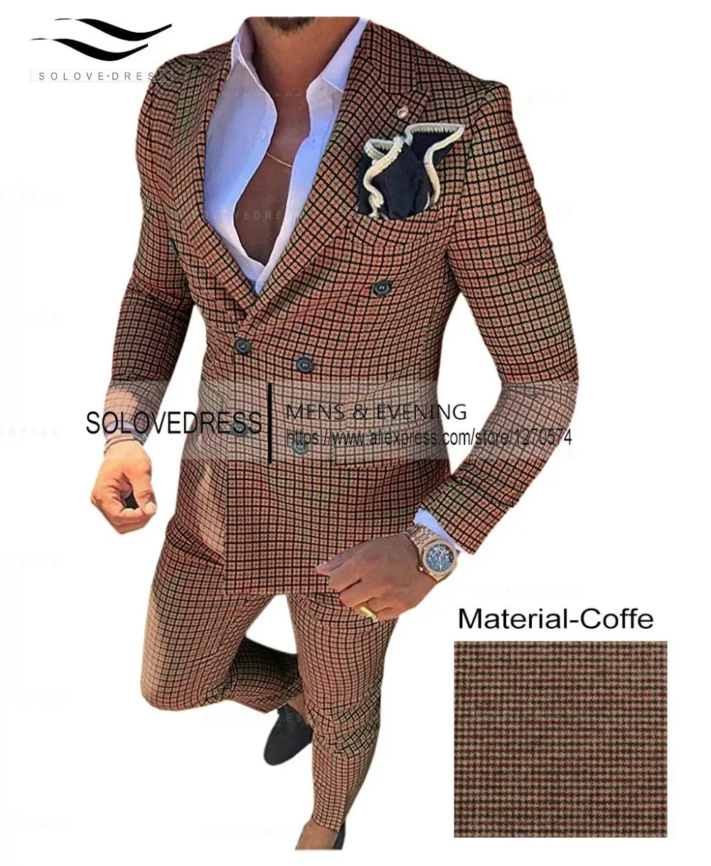 Silver Men's Wool Plaid Suits 2 pieces Fashion Notch Lapel Double breasted Prom Jacket Slim Fit Groomsmen Tuxedos (Blazer+Pants) 3