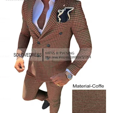 Silver Men's Wool Plaid Suits 2 pieces Fashion Notch Lapel Double breasted Prom Jacket Slim Fit Groomsmen Tuxedos (Blazer+Pants) 3