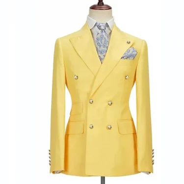Blazer Hombre Yellow Suits for Men Chic Terno Double Breasted Peak Lapel Elegant Wedding Full Set Male 2 Piece Jacket Pants 2024 3