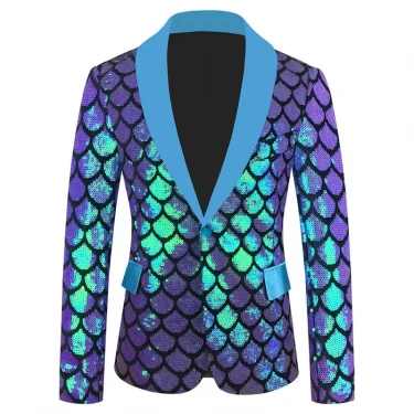 Men's Velvet Fish Scale Sequins Stage Performance Blazer Shawl Collar Slim One Button Party Show Singer Host Glitter Suit Jacket 2
