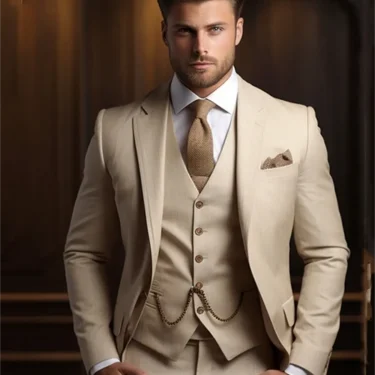 3 Piece Fashion Beige Suits Men Formal Party Business Blazer Shawl Lapel Wedding Groom Tuxedo Jacket Vest Pants Costume Homme 1