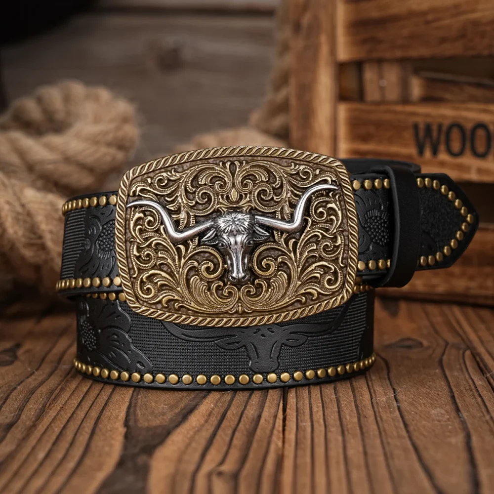 Men Women-Western-Cowboy-PU Leather-Belts - Vintage Belt Floral Engraved Buckle Belt for Jeans 3