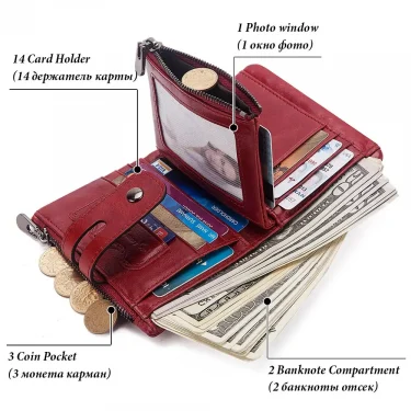 Fashion Women Wallet Genuine Leather Female Clutch Wallets Hasp Double Zipper Design Short Coin Pocket ID Card Holder Purse 4