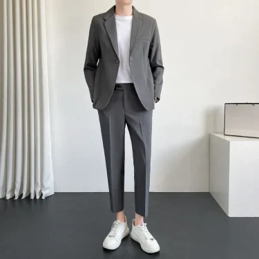 Full Suit for Men Solid Color Blazer Youth Pants Casual 2 Piece Outfit Set Man Luxury Clothes Trends Costumes Slim Fit New In 3