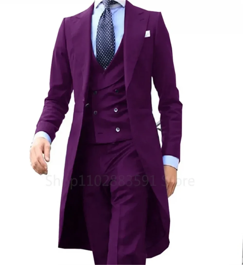 3 Pieces Green Long Tail Blazer Gentleman Male Suit Men's Fashion Groom Tuxedo for Wedding Prom Jacket Vest with Pants 5