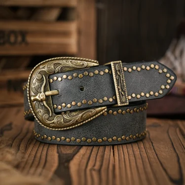 A men's and women's vintage bull head relief metal buckle casual style brown riveted PU belt suitable for daily business attenda 3