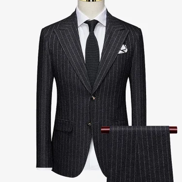 Deep Grey Stripe Men Suits Set Blazer Vest Pant Wedding Groom Wear England Slim Fit Style Normal Businessman Daily Party Suit 2