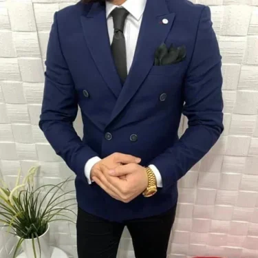 2 Piece Blue Jacket Black Pant Double Breasted Elegant Men Suits Casual Slim Fit Blazers High Quality Custom Set Costume Homme 1