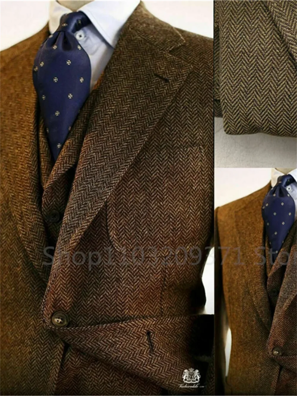 3 Pieces Men's Suits Tweed Herringbone Slim Fit Business Cauasl Waistcoat Jacket Groomsmen Wedding Suits（Blazer+vest+Pants） 1