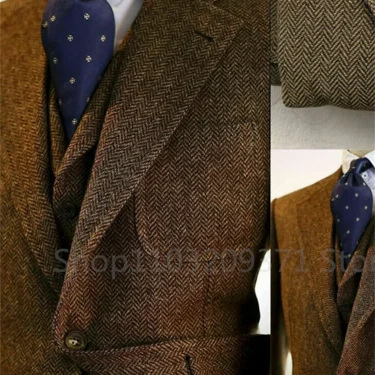 3 Pieces Men's Suits Tweed Herringbone Slim Fit Business Cauasl Waistcoat Jacket Groomsmen Wedding Suits（Blazer+vest+Pants） 1